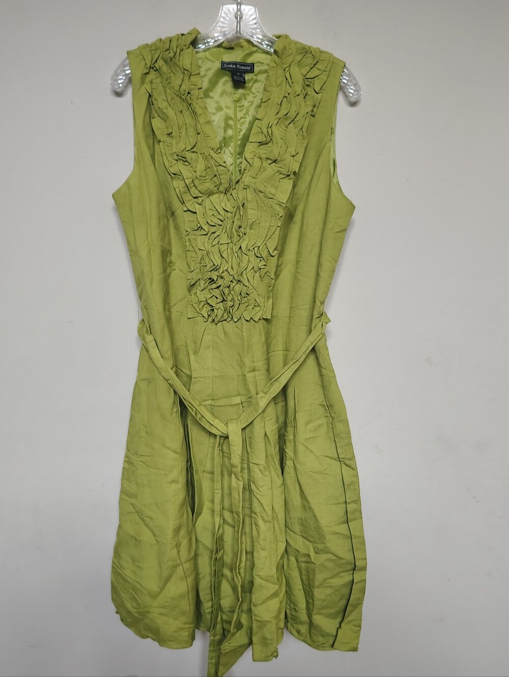 Jessica Howard Lime Green Ruffle V-Neck Sleeveless Dress Sz 16
